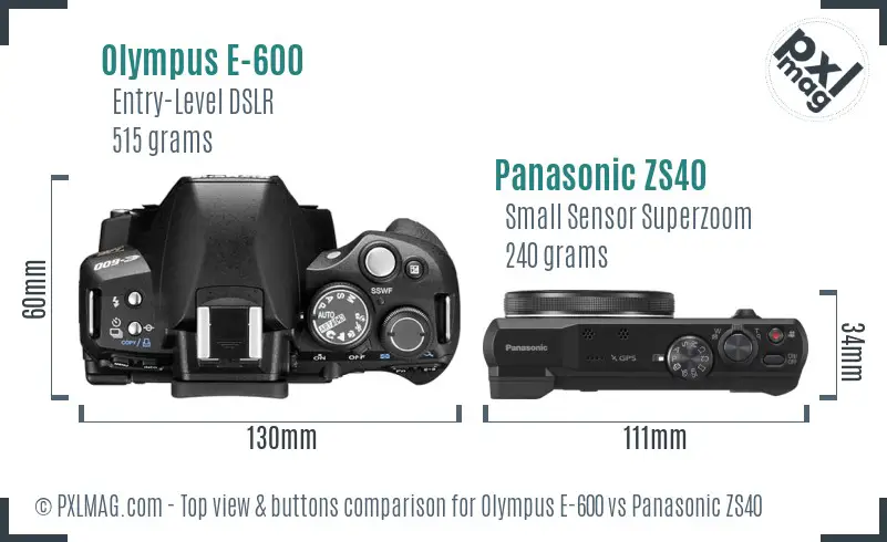 Olympus E-600 vs Panasonic ZS40 top view buttons comparison