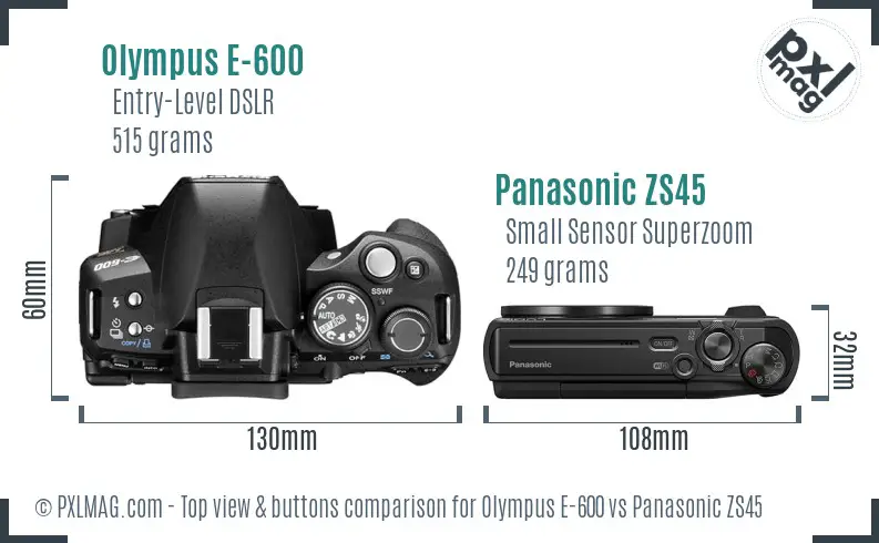Olympus E-600 vs Panasonic ZS45 top view buttons comparison