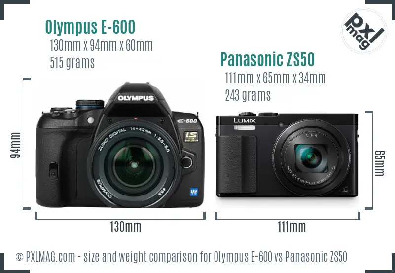 Olympus E-600 vs Panasonic ZS50 size comparison