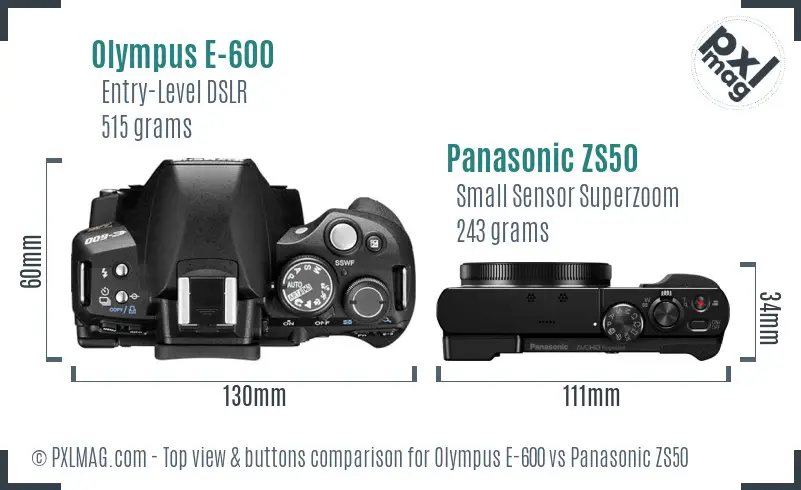 Olympus E-600 vs Panasonic ZS50 top view buttons comparison