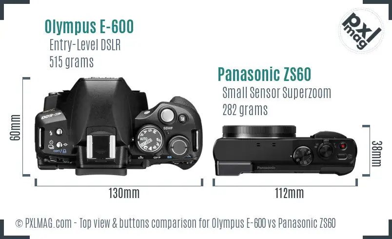 Olympus E-600 vs Panasonic ZS60 top view buttons comparison