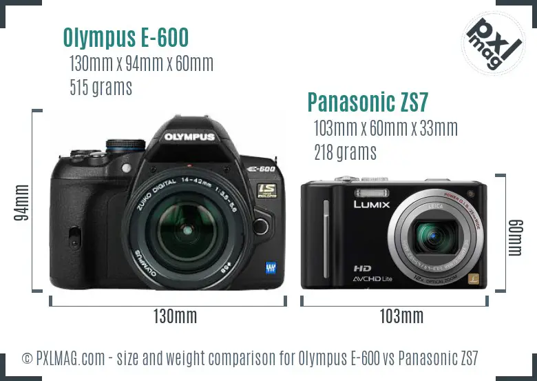 Olympus E-600 vs Panasonic ZS7 size comparison