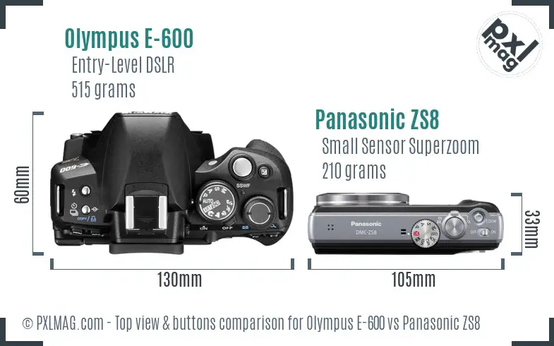 Olympus E-600 vs Panasonic ZS8 top view buttons comparison