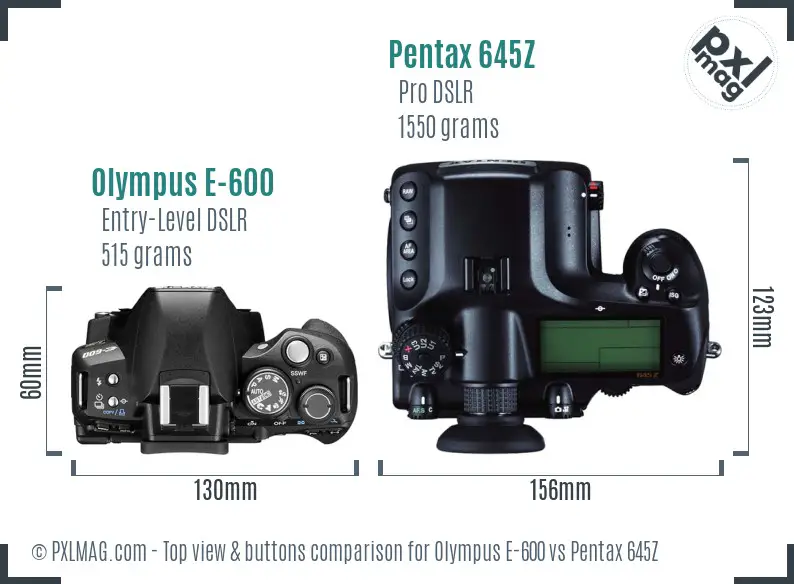 Olympus E-600 vs Pentax 645Z top view buttons comparison