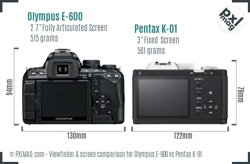 Olympus E-600 vs Pentax K-01 Screen and Viewfinder comparison