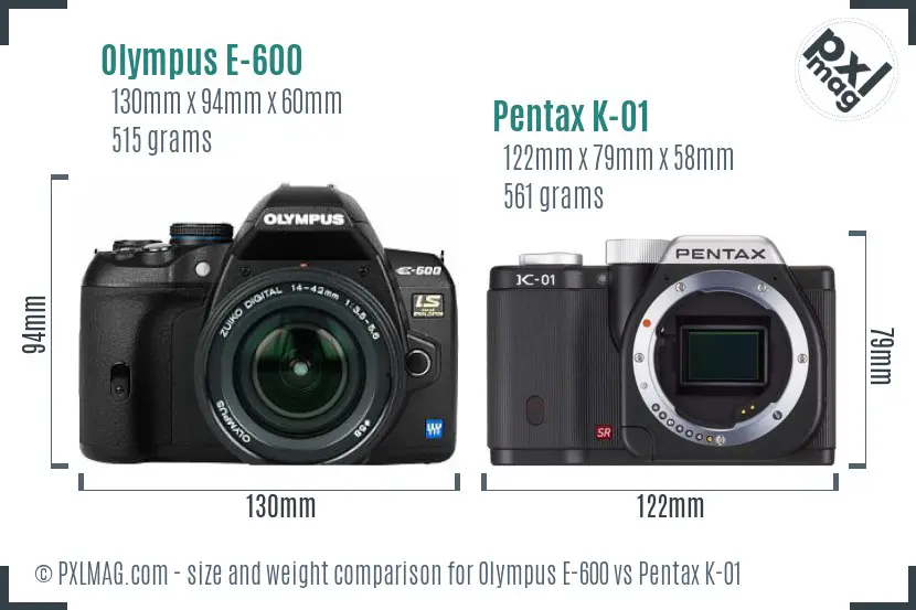 Olympus E-600 vs Pentax K-01 size comparison