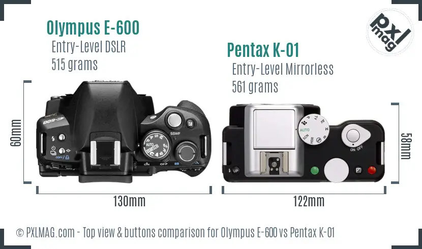 Olympus E-600 vs Pentax K-01 top view buttons comparison