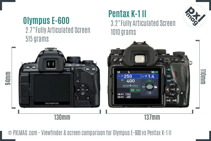 Olympus E-600 vs Pentax K-1 II Screen and Viewfinder comparison