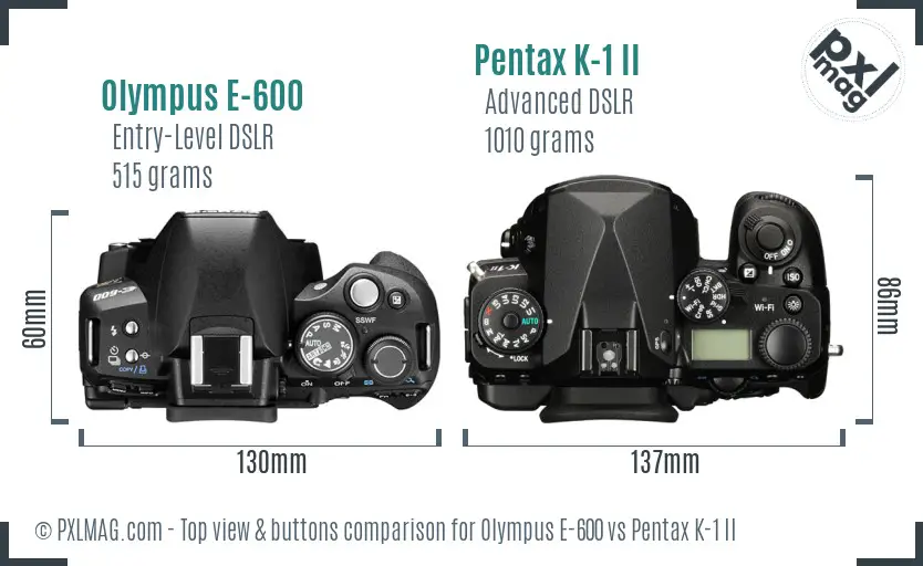 Olympus E-600 vs Pentax K-1 II top view buttons comparison