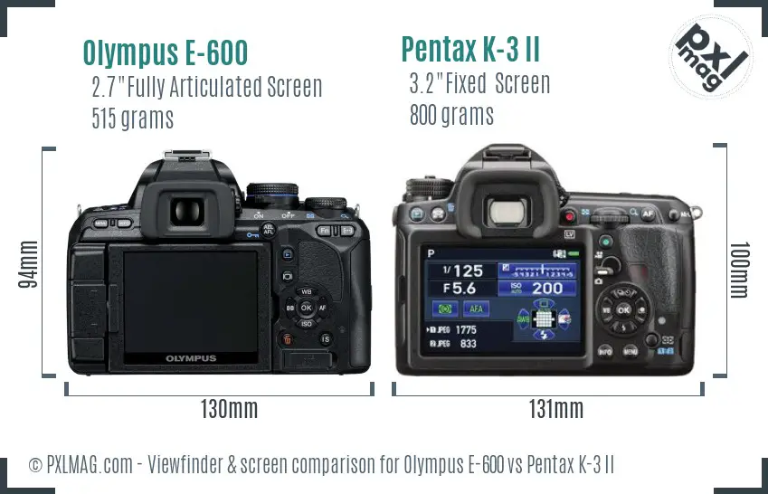 Olympus E-600 vs Pentax K-3 II Screen and Viewfinder comparison