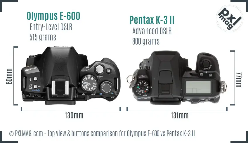 Olympus E-600 vs Pentax K-3 II top view buttons comparison