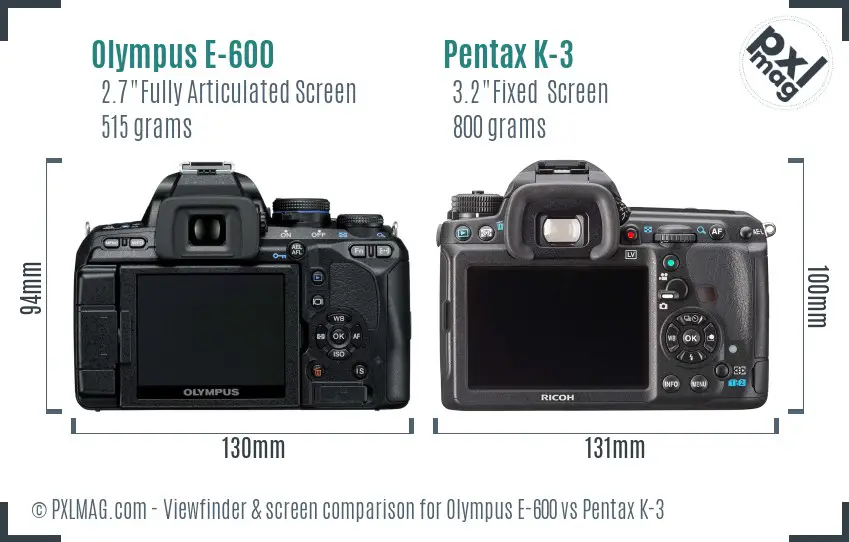 Olympus E-600 vs Pentax K-3 Screen and Viewfinder comparison