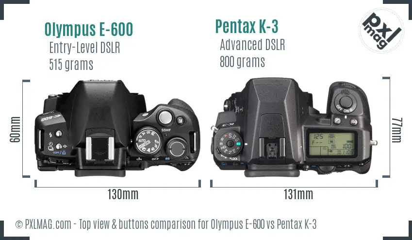 Olympus E-600 vs Pentax K-3 top view buttons comparison