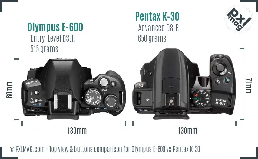 Olympus E-600 vs Pentax K-30 top view buttons comparison
