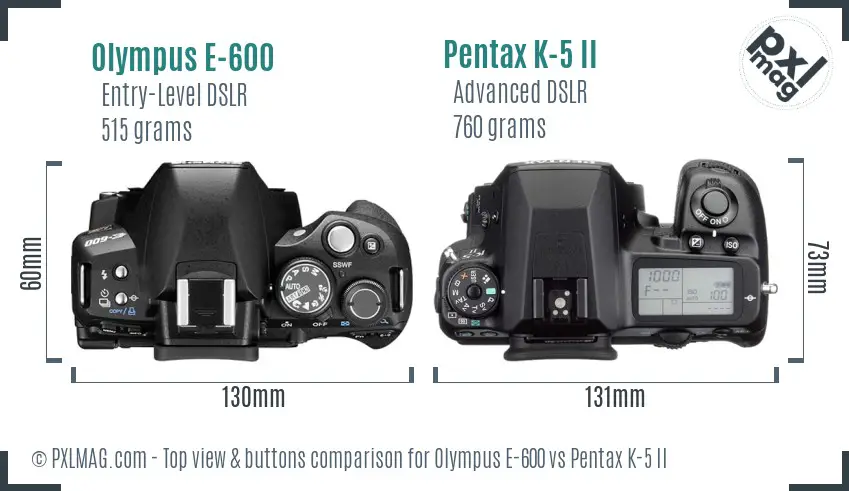 Olympus E-600 vs Pentax K-5 II top view buttons comparison