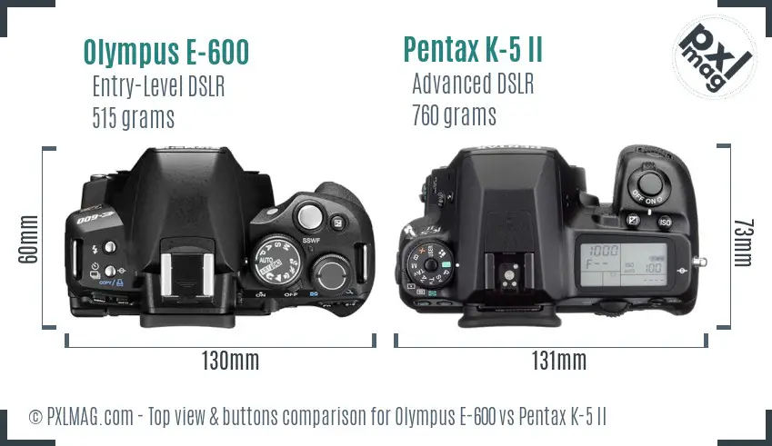 Olympus E-600 vs Pentax K-5 II top view buttons comparison Olympus E-600 vs Pentax K-5 II top view buttons comparison