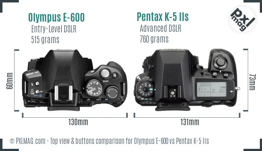 Olympus E-600 vs Pentax K-5 IIs top view buttons comparison