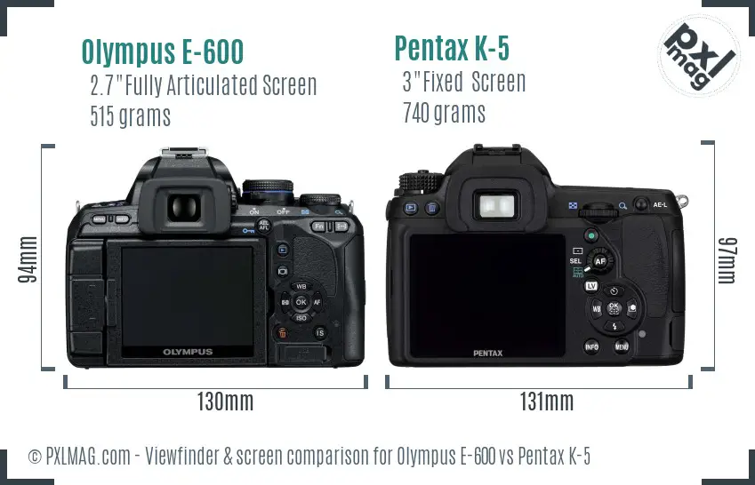 Olympus E-600 vs Pentax K-5 Screen and Viewfinder comparison