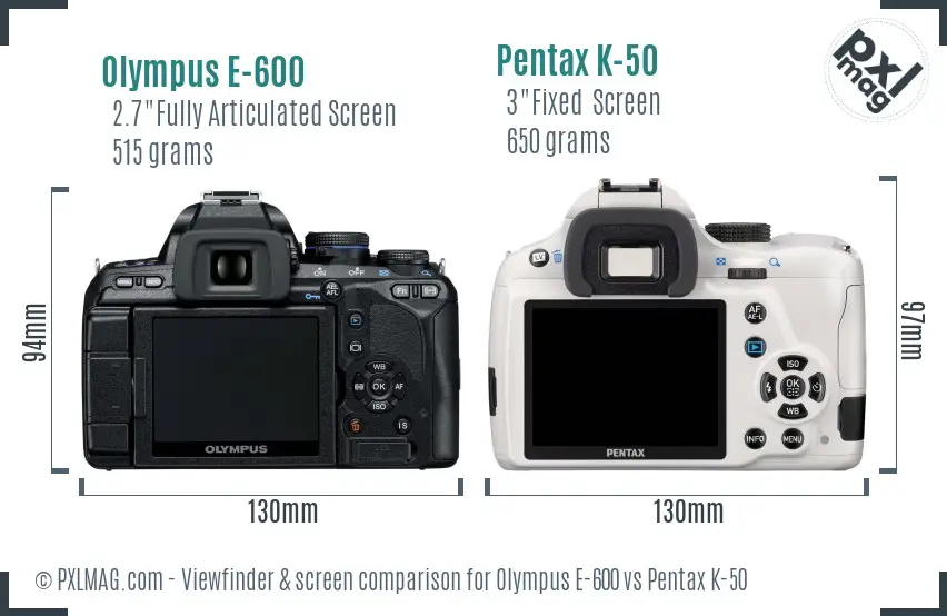 Olympus E-600 vs Pentax K-50 Screen and Viewfinder comparison