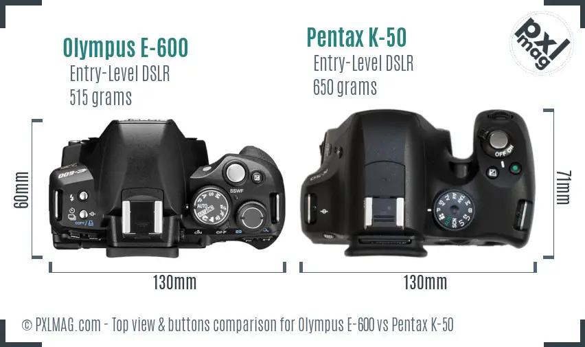 Olympus E-600 vs Pentax K-50 top view buttons comparison