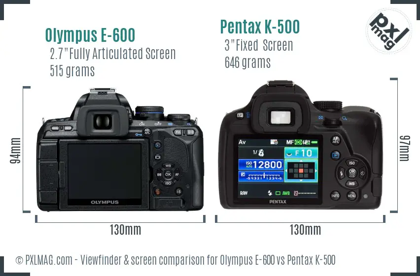 Olympus E-600 vs Pentax K-500 Screen and Viewfinder comparison
