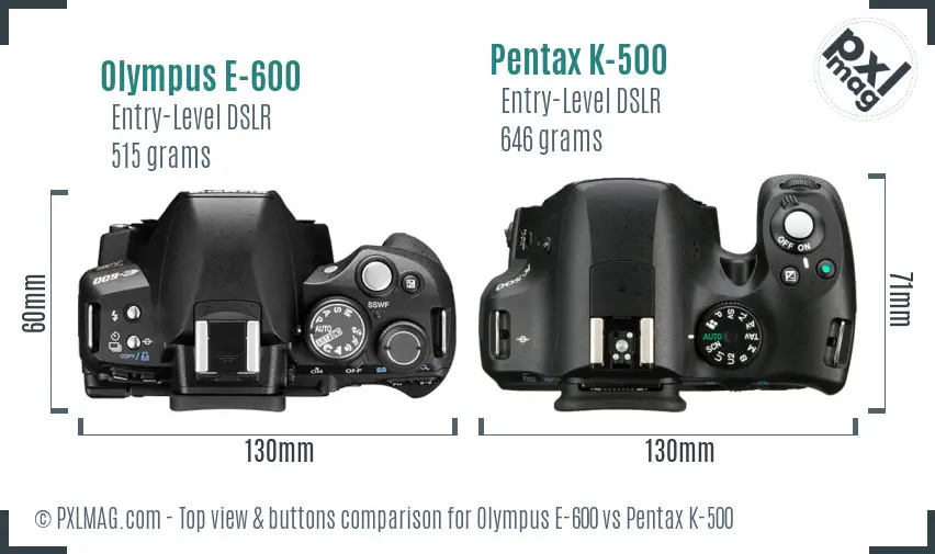 Olympus E-600 vs Pentax K-500 top view buttons comparison