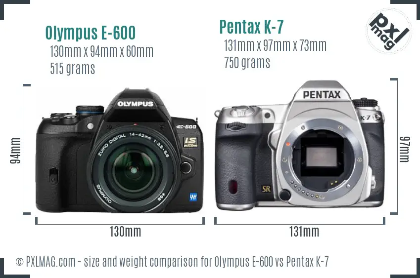 Olympus E-600 vs Pentax K-7 size comparison