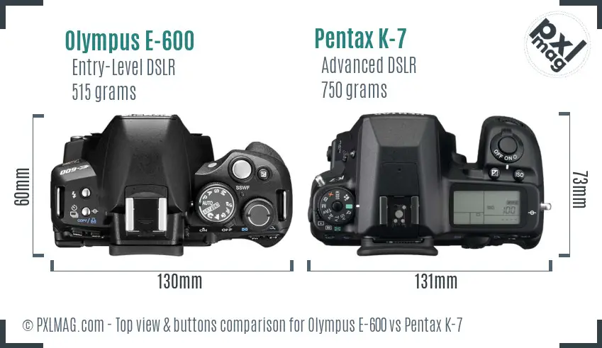 Olympus E-600 vs Pentax K-7 top view buttons comparison