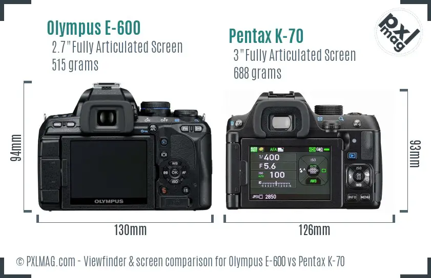 Olympus E-600 vs Pentax K-70 Screen and Viewfinder comparison