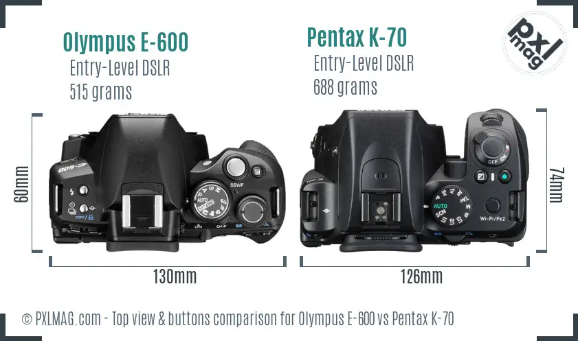 Olympus E-600 vs Pentax K-70 top view buttons comparison