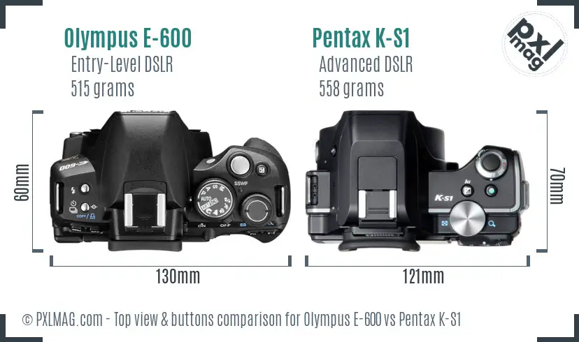 Olympus E-600 vs Pentax K-S1 top view buttons comparison