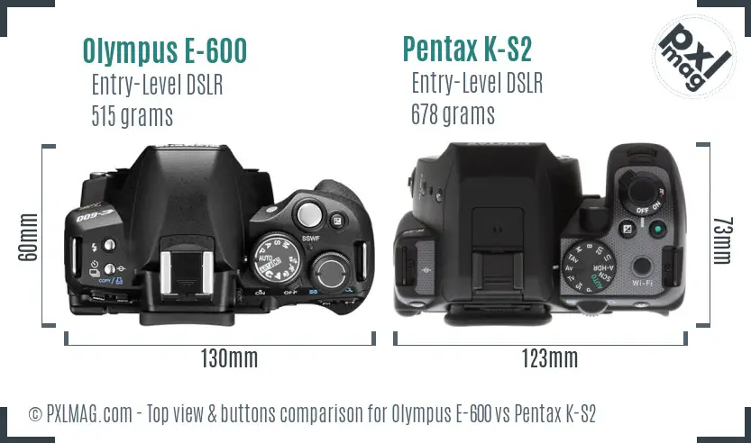 Olympus E-600 vs Pentax K-S2 top view buttons comparison