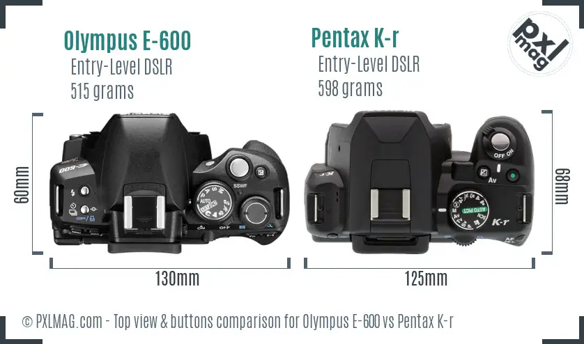 Olympus E-600 vs Pentax K-r top view buttons comparison