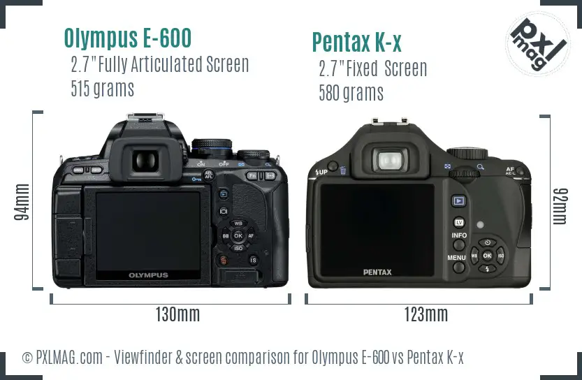 Olympus E-600 vs Pentax K-x Screen and Viewfinder comparison
