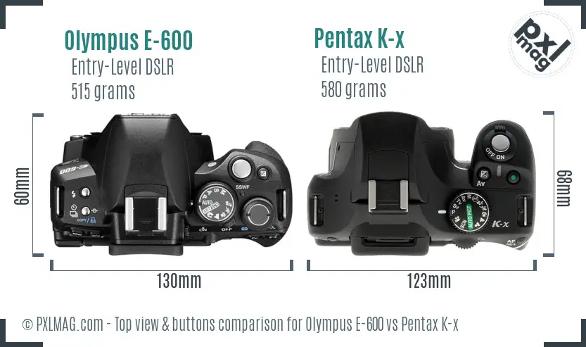 Olympus E-600 vs Pentax K-x top view buttons comparison