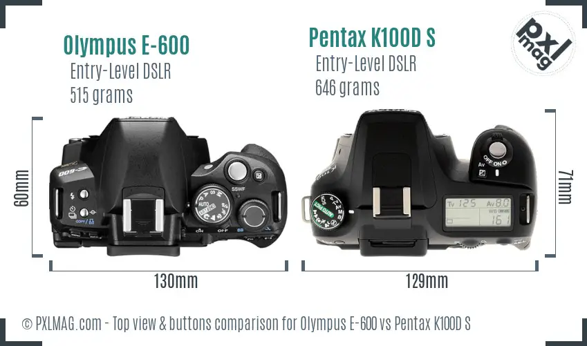 Olympus E-600 vs Pentax K100D S top view buttons comparison