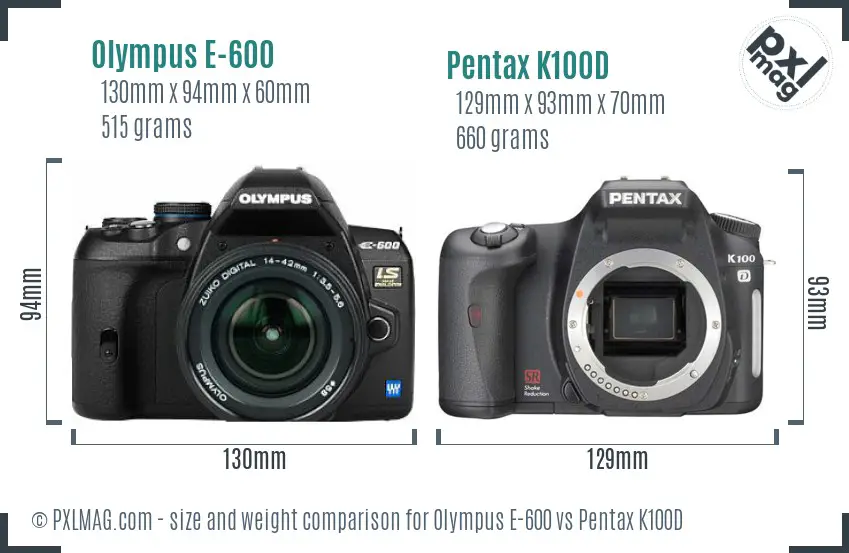 Olympus E-600 vs Pentax K100D size comparison