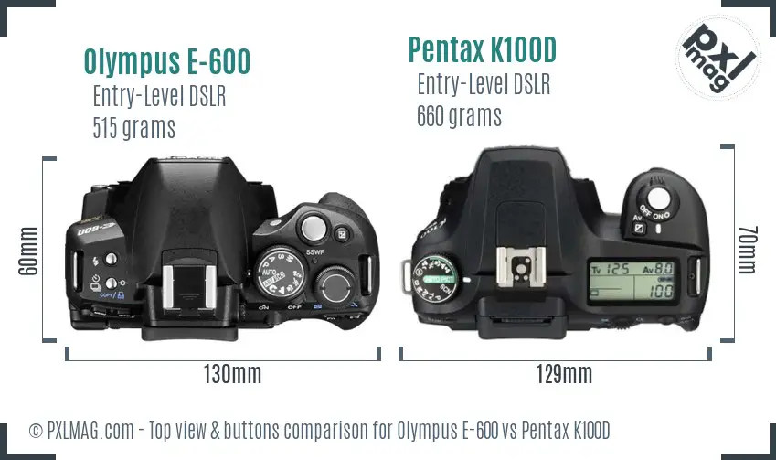 Olympus E-600 vs Pentax K100D top view buttons comparison