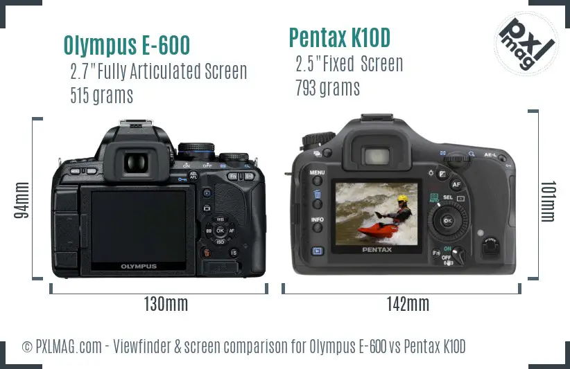 Olympus E-600 vs Pentax K10D Screen and Viewfinder comparison