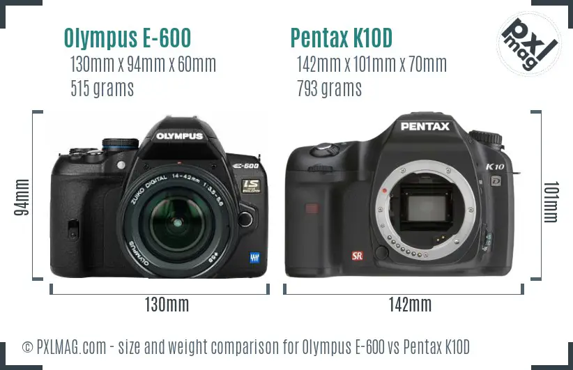 Olympus E-600 vs Pentax K10D size comparison