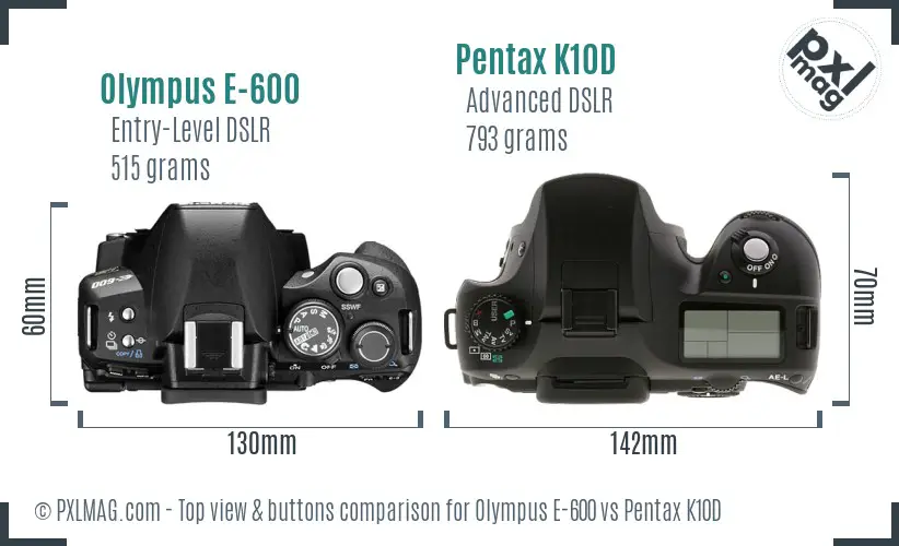 Olympus E-600 vs Pentax K10D top view buttons comparison