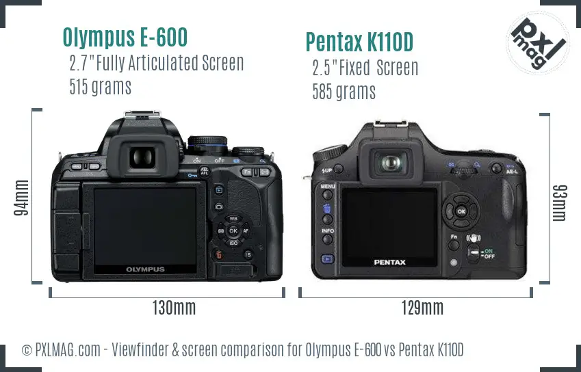 Olympus E-600 vs Pentax K110D Screen and Viewfinder comparison