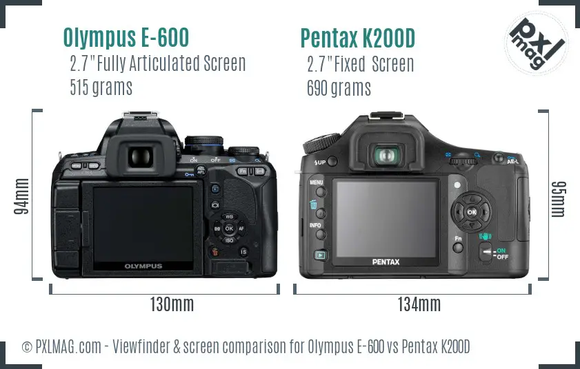 Olympus E-600 vs Pentax K200D Screen and Viewfinder comparison