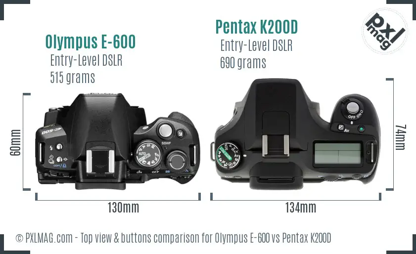 Olympus E-600 vs Pentax K200D top view buttons comparison