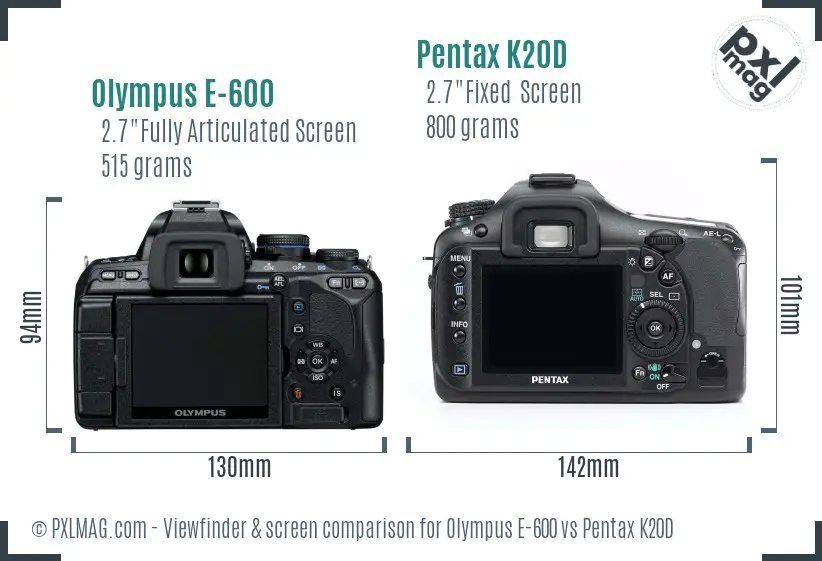 Olympus E-600 vs Pentax K20D Screen and Viewfinder comparison