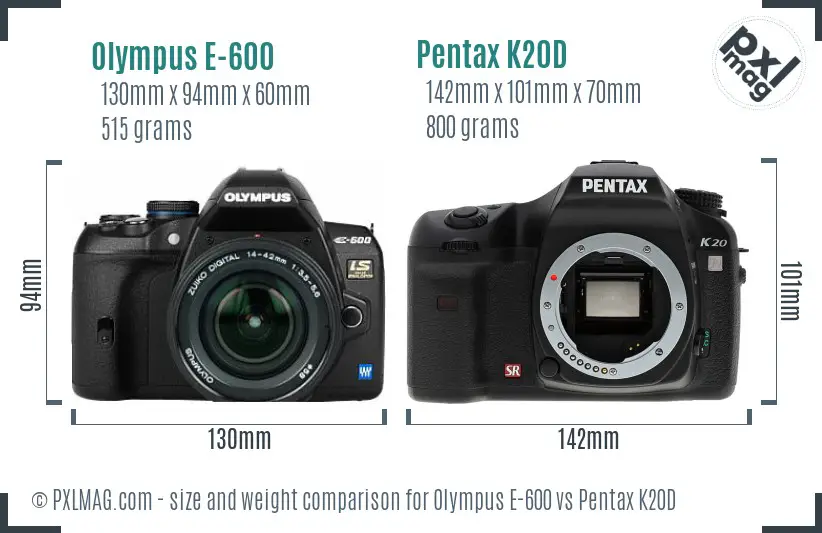 Olympus E-600 vs Pentax K20D size comparison