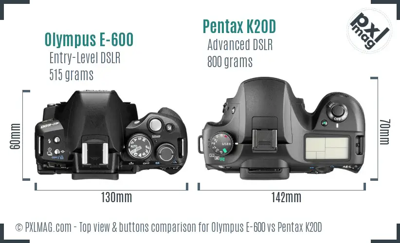 Olympus E-600 vs Pentax K20D top view buttons comparison