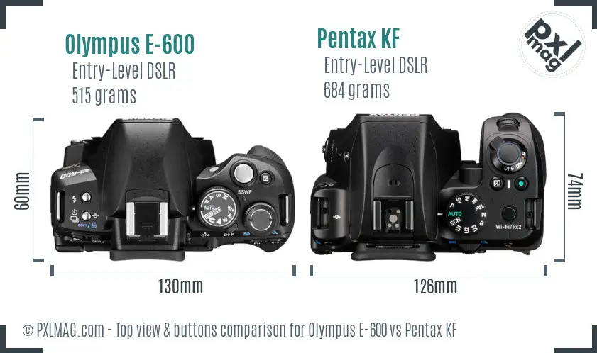 Olympus E-600 vs Pentax KF top view buttons comparison