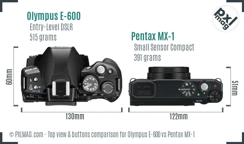 Olympus E-600 vs Pentax MX-1 top view buttons comparison