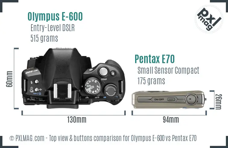 Olympus E-600 vs Pentax E70 top view buttons comparison